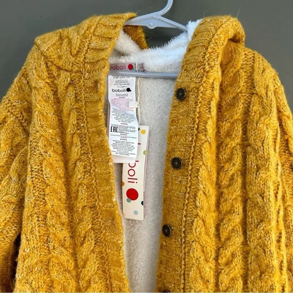 Boboli Kid’s Yellow Cable Knit Button Down Hoodie, Faux Fur Lining Size 8yrs NWT